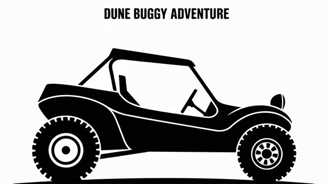 Black and white silhouette of a dune buggy driving on sand dunes