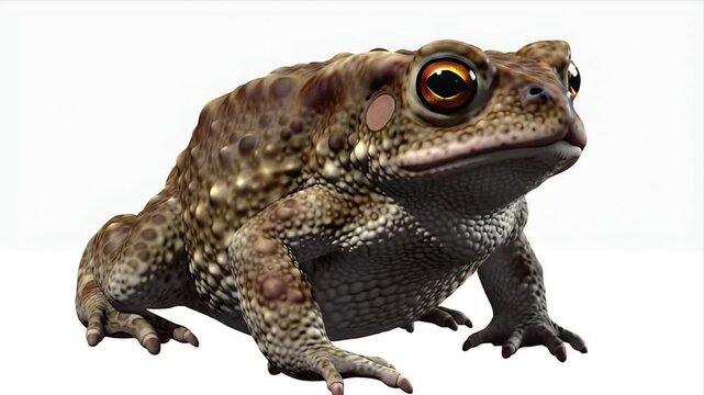 Asian Common Toad with Brown Warty Skin Against Isolated White Background Eye Level Studio Shot
