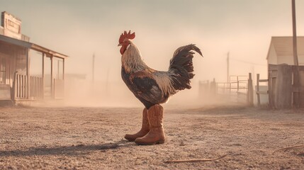 Cowboy Rooster on a Country Road: Funny Farm Animal Dressed for the Wild West