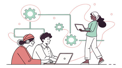 Team collaboration with laptops gears and flowcharts illustrating a business process in a modern office
