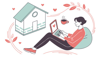 Illustration of a person working on a laptop with a house and coffee cup in the background design