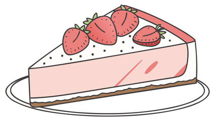 A slice of strawberry cheesecake with strawberries on top on a white plate with a brown crust edge