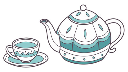Illustration of a teapot with a cup and saucer in white and teal with decorative details present