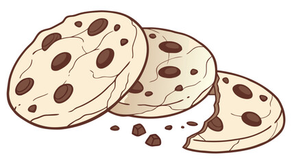Illustration of three chocolate chip cookies with one partially eaten and crumbs scattered around it