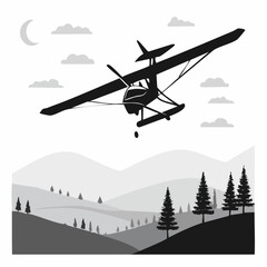 Seaplane flying over a mountain landscape with a crescent moon night