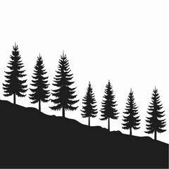 Obraz premium Silhouette of evergreen trees on a hillside against a white background