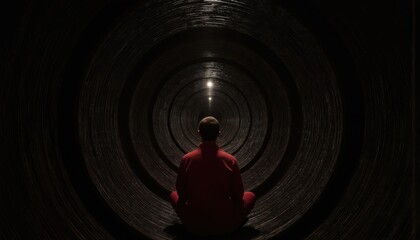 Person in red sits in dark circular chamber with concentric patterns. Focus on bright light, creating serene atmosphere. Solitude, stillness, mindfulness, calmness, contemplation, escape, journey,