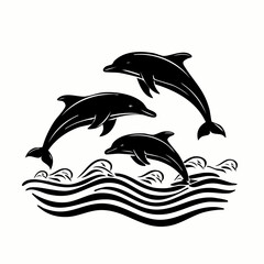 Obraz premium Three dolphins jumping over ocean waves in black and white vector art