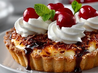 A cherry sits atop a cream-covered coconut tart set against a white background