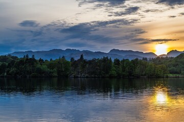 Sunset over Windermere Lake from a drone, Ambleside, Lake District, Cumbria, England