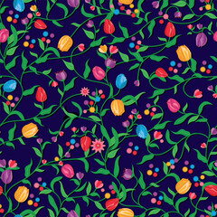 Beautiful tulips flowers blooming garden mood seamless pattern