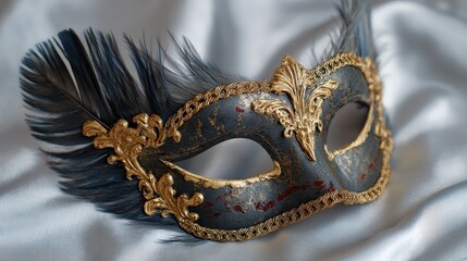Mysterious Venetian Mask: An elegant masquerade mask, adorned with intricate gold filigree, feathers, sits on a textured silk, inviting intrigue and mystery.