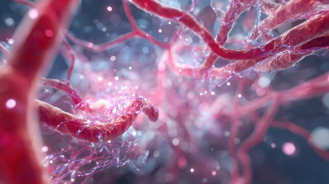 3D medical visualization of immune complexes clogging capillaries in extremities during coldinduced vasculitis.