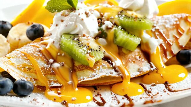 A colorful dessert crepe with banana, blueberry, kiwi and raspberry toppings, drizzled in caramel and chocolate sauce.