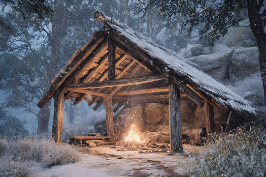 Cozy Winter Shelter: Rustic Lean-to with Fire Amidst Falling Snow for a Survivalist's Warm Embrace - Powered by Adobe