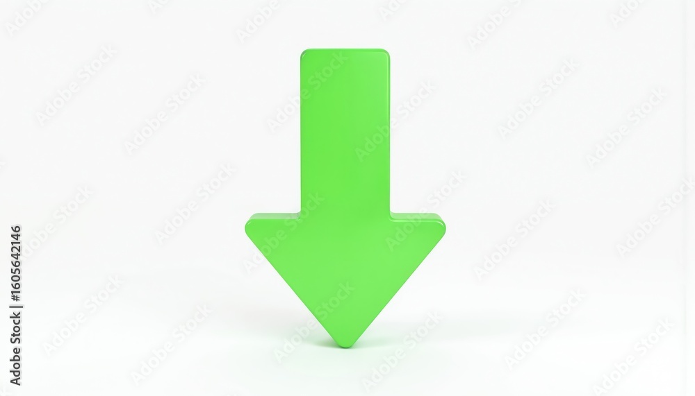 Fototapete 3D render of green down arrow symbol against clean white background. Minimalistic design features simple shapes, glossy finish, ideal for web design, user interfaces, business presentations. Arrow