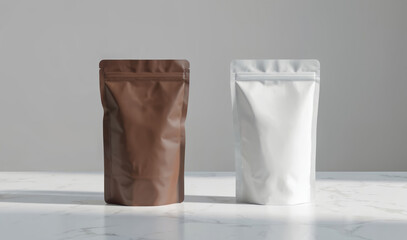 Two brown, white coffee bags stand side by side on marble table, offering clean mockup template for product presentation. Blank pouches provide ample copy space for branding, design, advertising of