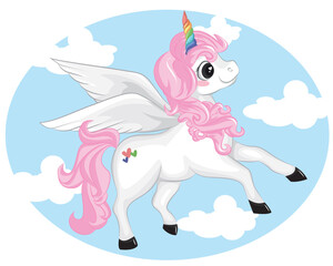 Beautiful unicorn cartoon on a cloud. Design for kids. Fashion illustration drawing in modern style for clothes. Girlish print. Beautiful cloud, unicorn.