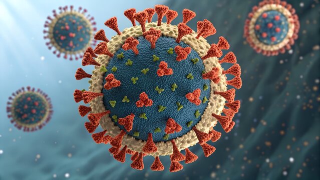 Exploded-view diagram of a virus structure &mdash; protein capsid separated from lipid envelope and viral RNA highlighted in center