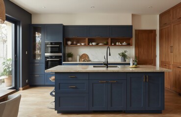 Mid Century Modern island kitchen design features dark blue cabinets contrasted with beige countertop. Includes built-in stainless steel appliances, marble backsplash, warm wood flooring. Space