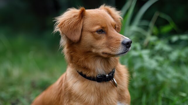 Loyal Canine Portrait: A charming canine sits alert, basking in natural light. His focused gaze and poised posture radiate contentment and loyalty. 