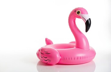 Bright pink inflatable flamingo pool float isolated on white. Essential summer accessory for pool parties and beach vacations. Enjoy relaxation and fun with this cute, playful water toy.