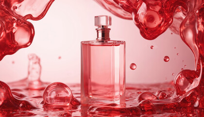 Elegant perfume bottle with clear glass body, silver cap positioned against gradient pink to red background. Bubbles surround bottle, suggesting perfume inside. Modern design, luxury fragrance.
