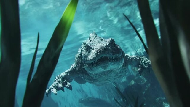 Prehistoric aquatic reptile. Underwater view of a large, menacing, prehistoric crocodile-like creature, with sharp teeth, swimming through a vibrant aquatic environment. 