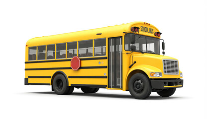 Yellow cartoon school bus isolated on white background. Classic American school vehicle, ideal for children education and transportation themes. Represents childhood journeys and school trips.