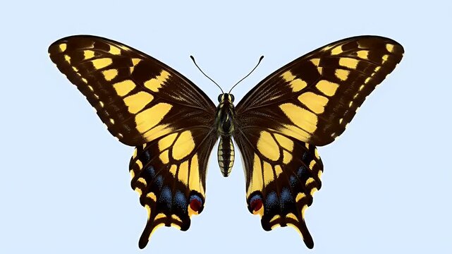Top Down View of Yellow and Black Papilio Machaon Butterfly with Wings Spread Wide on a Soft Sky Blue Backdrop