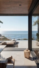 Modern beach house living area offers stunning ocean views. Features stylish outdoor space with comfortable seating and wooden accents. Enjoy luxury summer vacation lifestyle.