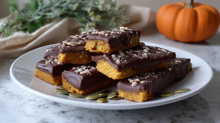 Delicious Pumpkin Treats: A stack of tantalizing pumpkin bars with a rich chocolate glaze, showcasing the deliciousness of fall desserts.