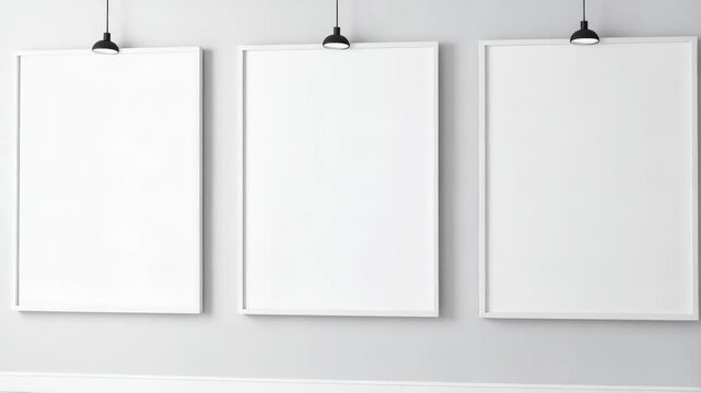 Three blank white frames hanging on a light gray wall with adjustable black spotlights illuminating each poster for art display mockups.