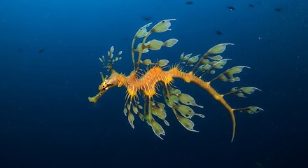 Fototapeta premium Strikingly detailed image of a seahorse-like creature in a deep blue ocean.