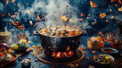 A large pot of steaming stew with autumn leaves swirling around it.