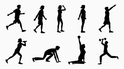 "A single image with 10 black vector-style human figures, each in a different pose: walking, sitting, standing, running, jumping, stretching, yoga pose, dancing, lifting weights, and thinking. All fig