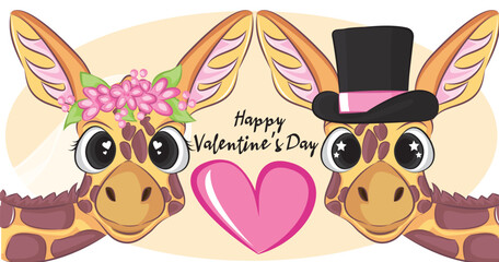Greeting Happy Valentine's day Card Vector illustration.wedding Portrait of a cute Giraffe.