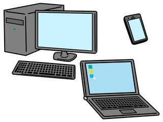 デスクトップパソコン、ノートパソコン、携帯電話の斜めイラスト