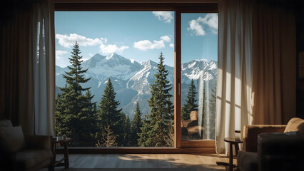 Mountain vista seen through large window from cozy interior.