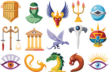 Collection of mythological and symbolic icons featuring creatures masks and ornate objects isolated on transparent background