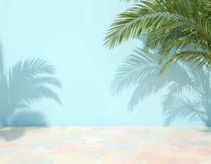 Obraz premium Minimalist tropical scene features palm leaves casting shadows on a pastel blue wall and a patterned floor. Sunlight creates a summer ambiance in an empty room, perfect for product display.
