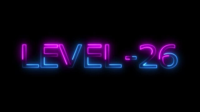 Abstract neon level 26 number 4k animation. Level 26 neon text. Neon level up sign. motion graphic perfect for social media content. black background 4k animation.