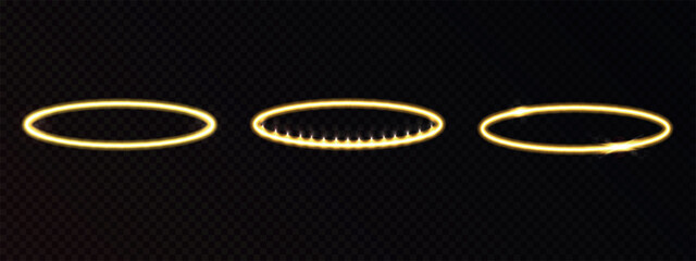 Halo, glowing angel rings, yellow light circles. Realistic vector oval golden forms isolated on dark background
