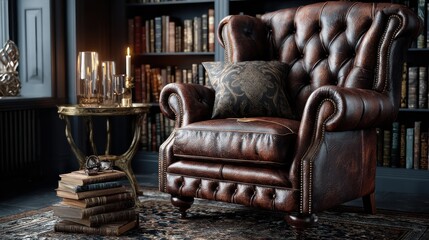 Timeless Elegance: Leather Armchair in Classic Library Setting with Books