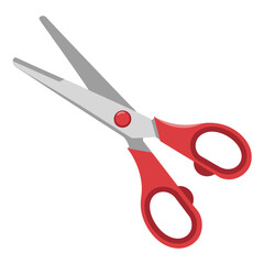 Pair of open red handled scissors on a white background