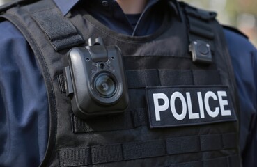 Close-up of police officer vest featuring body-worn camera. Technology supports surveillance, law enforcement, evidence recording. Uniform signifies authority, public safety responsibilities,