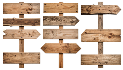 Collection of weathered wooden directional signs isolated on a transparent background.