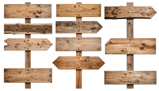 Collection of weathered wooden directional signs isolated on a transparent background.