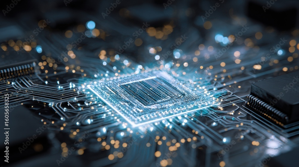 Poster electronic components and circuits glow on a printed circuit board as a central processing unit oper