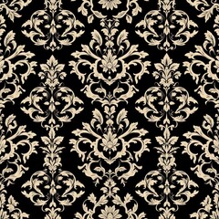 Elegant vintage floral damask seamless pattern with ornate scrolling vines, flourish motifs. Classic French design with luxurious baroque, rococo elements in cream on black background. Repeat texture